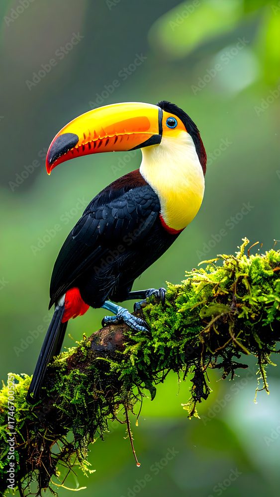 Obraz premium Tropical Toucan Portrait: A vibrant toucan perched regally on a moss-covered branch, its striking plumage a testament to the beauty of the rainforest. With its colorful beak.