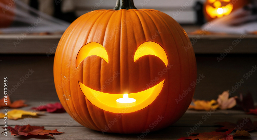 Fototapeta premium Get ready for a spooky season with this cheerful jack o' lantern, perfect for Halloween parties, autumnal displays, and cozy seasonal vibes with glowing candle light