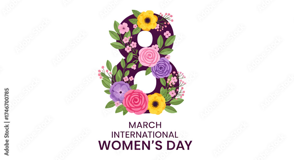 Fototapeta premium International Women's Day March 8 Floral Banner isolated on transparent background