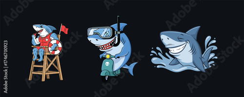 Three cartoon sharks in different activities on dark background bundle design
