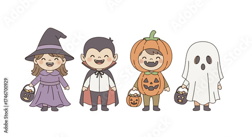 Four cute children in Halloween costumes: a witch, vampire, pumpkin, and ghost, ready for trick-or-treating.
