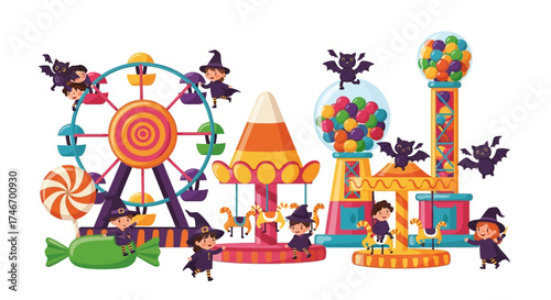 Whimsical Halloween carnival scene featuring children dressed as witches enjoying rides and candy attractions under a sky with playful bats.