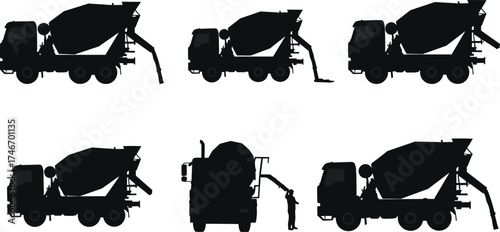 Set of cement mixer truck vector silhouettes in multiple angles construction vehicle illustration for industrial, transport, building, and engineering design"
