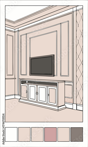 Wall mounted TV design media console interior design home decor elegant living room paneling molding cabinetry flat screen tv furniture room decor modern classic style wall decor arc.