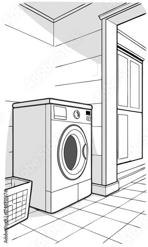 Washing machine in a laundry room tiled floor laundry basket home appliance cleaning household chores.