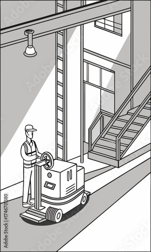 Warehouse worker operating a small pallet jack transporting goods indoors industrial setting.