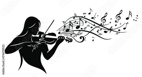 Silhouette of a woman playing violin with musical notes flowing outwards