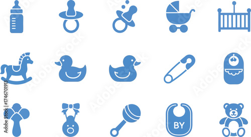 Set of baby icons blue glyph vector design elements for newborn care isolated on white background