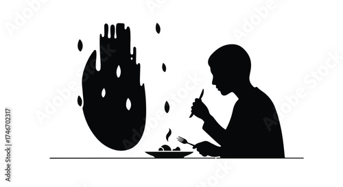 Child enjoying a meal with a backdrop of abstract colorful shapes and falling dots