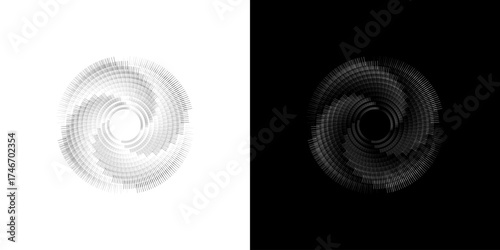 	
Dynamic abstract spiral sound wave rhythm lines. Circular spiral sound wave rhythm of lines. Circular futuristic abstract lines, black and white background.