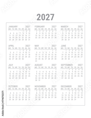 2027 Calendar Printable US Letter Size 8.5x11 Monday Start Planner Diary Template Transparent Background	