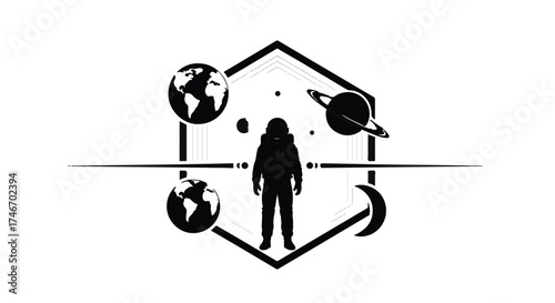 Astronaut stands in cosmic hexagon surrounded by planets and celestial bodies