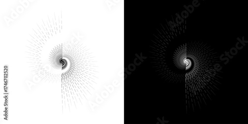 	
Dynamic abstract spiral sound wave rhythm lines. Circular spiral sound wave rhythm of lines. Circular futuristic abstract lines, black and white background.