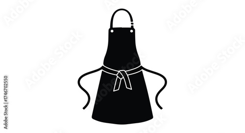 Simple black apron tied at the waist on a white background
