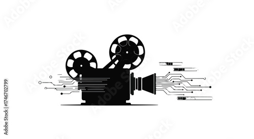 Vintage film projector seamlessly integrated with modern digital technology