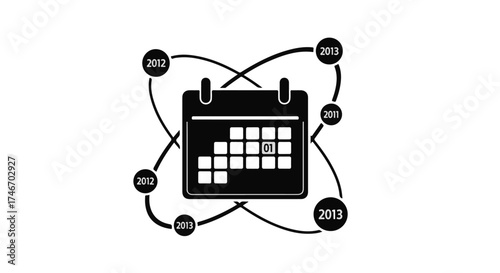 Calendar icon surrounded by orbiting years, symbolizing time and planning