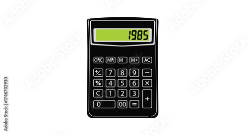 Classic black calculator with illuminated green display showing numbers