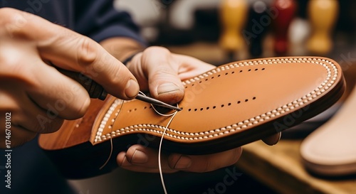 Close-up of a craftsman meticulously hand-stitching a leather shoe sole, showcasing traditional shoemaking techniques