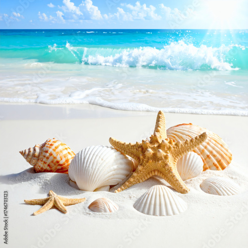 Fototapeta Naklejka Na Ścianę i Meble -  Tropical summer vacation with seashells, starfish, and conch shells on the white sand beach near the ocean water