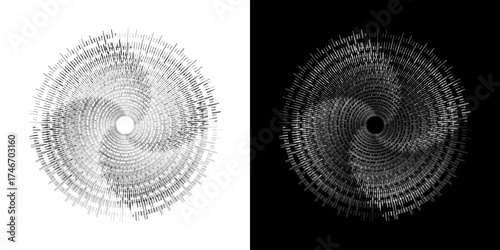 	
Dynamic abstract spiral sound wave rhythm lines. Circular spiral sound wave rhythm of lines. Circular futuristic abstract lines, black and white background.