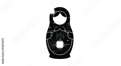 Modern technology concept with a stylized nesting doll silhouette and circuit board details.