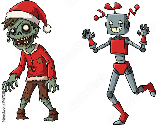 Christmas zombie cartoon, festive horror character, Santa hat monster, cheerful robot dancing, candy cane weapon, quirky holiday humor, fantasy celebration art, Christmas zombie