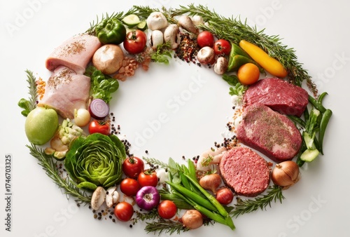 A circular arrangement of fresh vegetables, herbs, and raw meats on a