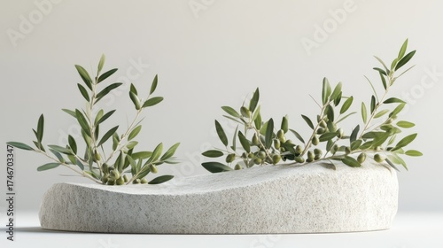 Olive branch sprigs on sculpted stone. Minimalist still life. Possible use Product display background