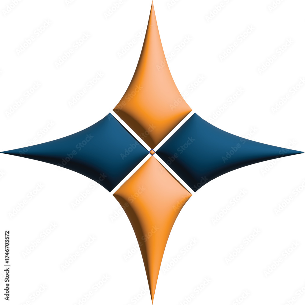 Obraz premium Abstract four pointed starburst shape with alternating dark blue and orange diamond segments creating a dynamic geometric and modern design on a clean white background