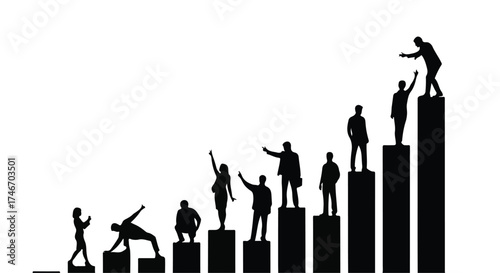 Silhouettes of people ascending a rising bar graph, symbolizing career growth and achievement.