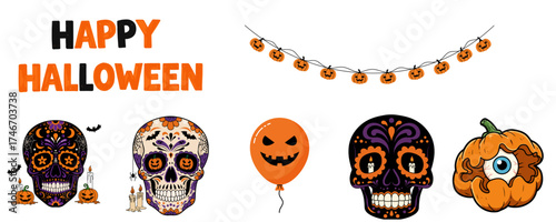 Set made of colorful jewelry for Halloween with different painted skulls, eye -based eye in the Phizalis flower and balloons  for Halloween-themed events and party supplies