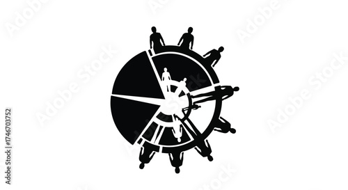 Creative team collaborating around a central idea, visualized as a spinning gear with figures.