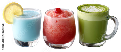 Colorful assortment of refreshing beverages on a clean surface, showcasing vibrant flavors and textures