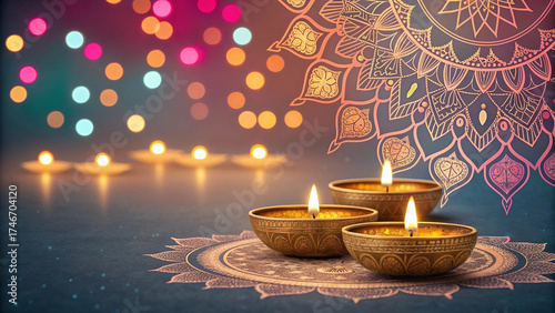 Festive Diwali lights decoration with golden diya lamps, bokeh glow and mandala pattern — celebration background