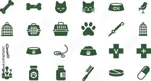 Set of pet care icons simple glyph vector symbols for veterinary clinic pet shop or animal shelter isolated on white background