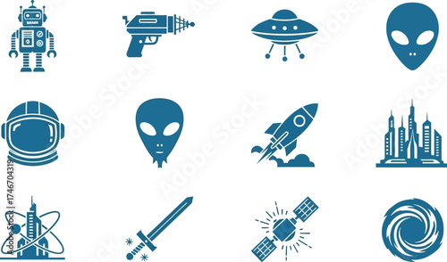 Set of science fiction icons vector illustration in flat design isolated on white background for web and app design