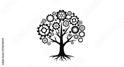 Mechanical tree with gears symbolizing growth, innovation, and industry