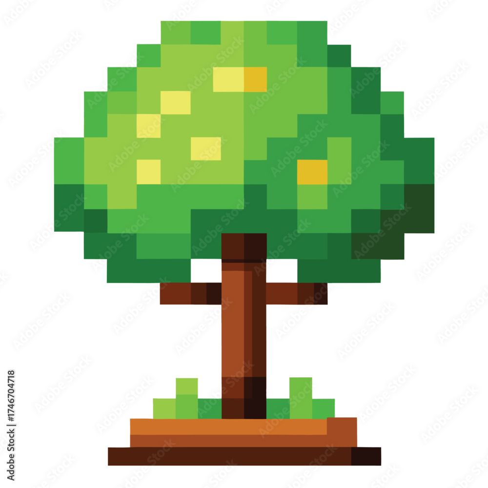 Fototapeta premium Pixel art green tree with yellow fruit on white background