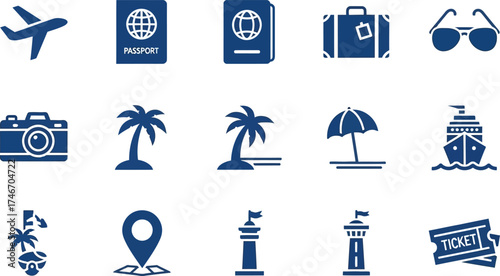 Set of travel icons vector glyph design elements for vacation planning isolated on white background