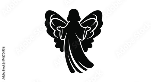 Mysterious silhouette of an angel with open wings against a white background, evoking hope and spirituality.
