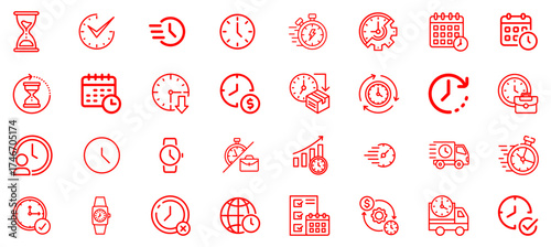 Collection of Red Line Icons Representing Time Management and Scheduling