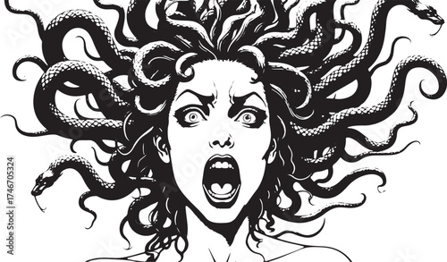 Terrified woman with snakes for hair screams in horror, embodying myth and primal fear with intense expression and dramatic monochrome.
