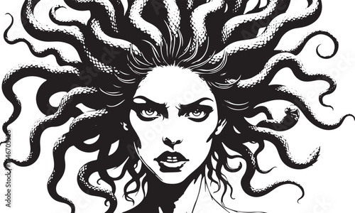 Fierce gorgon with snakes for hair stares intensely, embodying ancient myth and powerful feminine energy in stark black and white