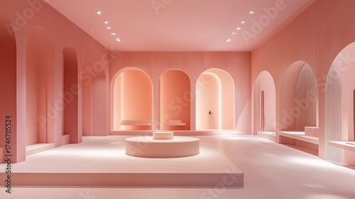 Pink interior design showroom, modern architecture, empty retail space, retail background