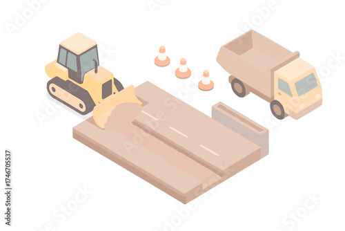 Roadwork Isometric Illustration. Isometric vector illustration set Roadwork Bulldozer Scene: gravel spread by blade, marked