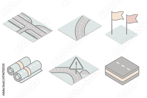 Highway Design Elements. Isometric vector illustration set Highway Blueprint Elements: aerial road plan, curved lane design, site