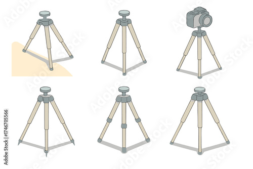 Tripod Setup Stability. Isometric vector illustration set Tripod Placement for Stability: level tripod on slope, tripod feet