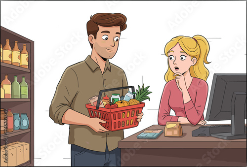 Man with grocery basket at checkout counter, cashier woman surprised expression, supermarket interior, packaged food products, retail lifestyle