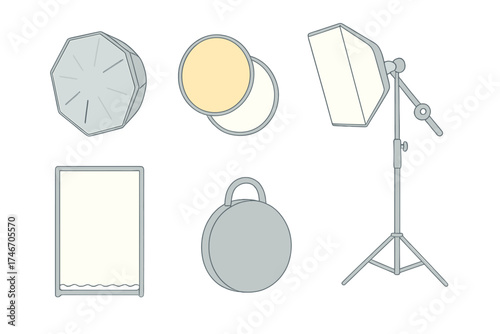 Photography Lighting Icons. Isometric vector illustration set Photography Lighting Equipment: octagonal softbox diffuser, gold and