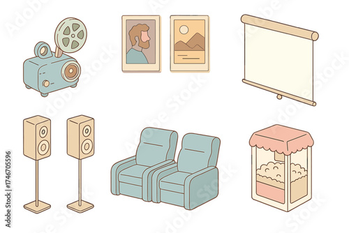 Home Theater Setup. Isometric vector illustration set Home Theater with Film Projector: compact projector with reel arm, movie